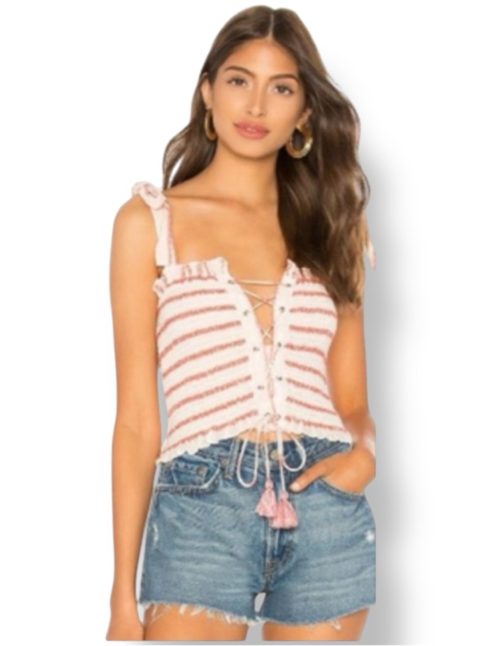 Free People Electric Love Red and White Smocked Tie-Strap Top Size S